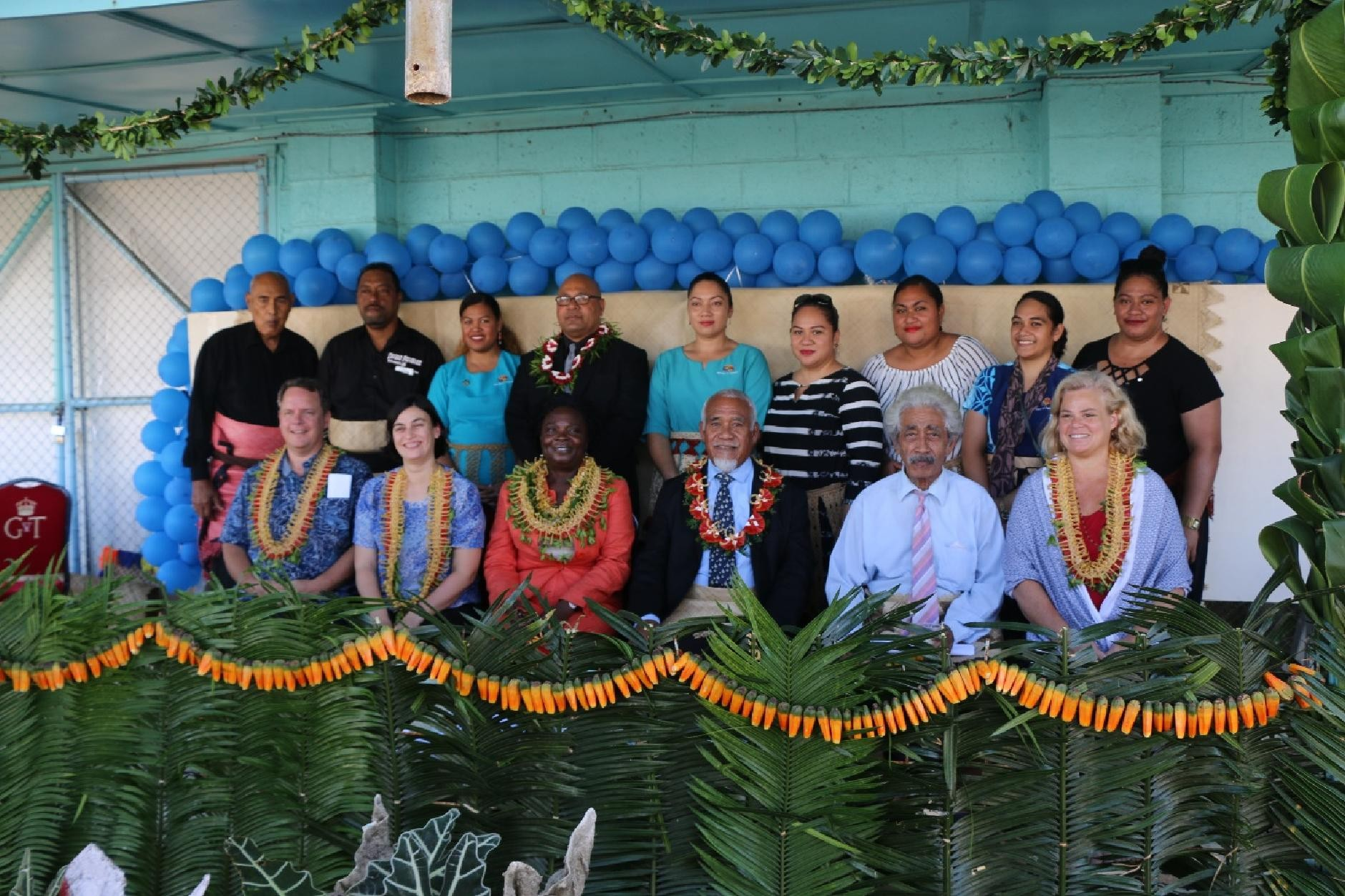 Minister for Fisheries Hon Semisi Fakahau, Vice President World Bank Group Madame Victoria Kwakwa (seated, third from left) and CEO for Fisheries Dr Tu’ikolongahau Halafihi, with World Bank Officials, sector stakeholders and Fisheries staff at the Mabé Pearl Centre in Neiafu, Vava’u